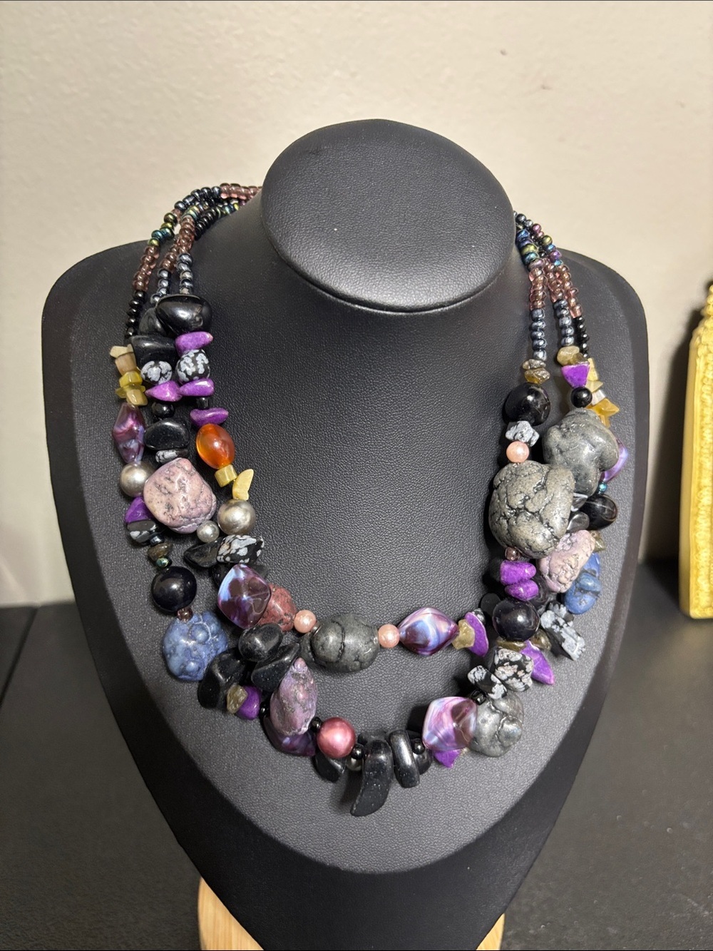 Multi-Strand Mixed Media Stone Statement WOW Necklace iPurple, Black & Gray